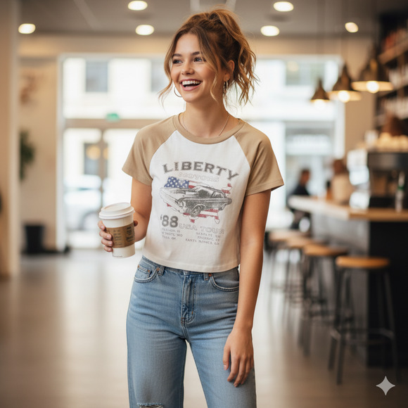 Forever 21 cropped raglan tee, 'Liberty Motors '88' graphic. Size M, white/tan, - Picture 1 of 7